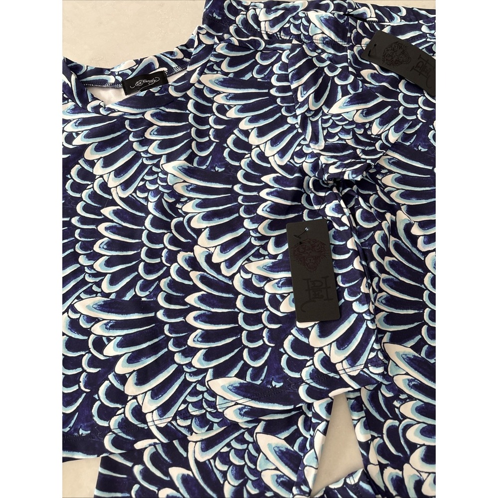 ED HARDY Womens S Top Shirt Leggings Set Pants Blue Feather Print Stretch Outfit - Picture 2 of 5